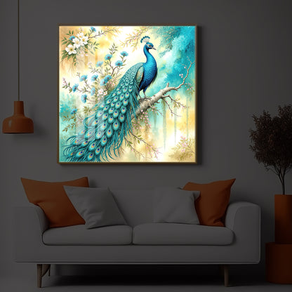 Peacock Perch Art Modern Luxury Backlight Square Wall Art
