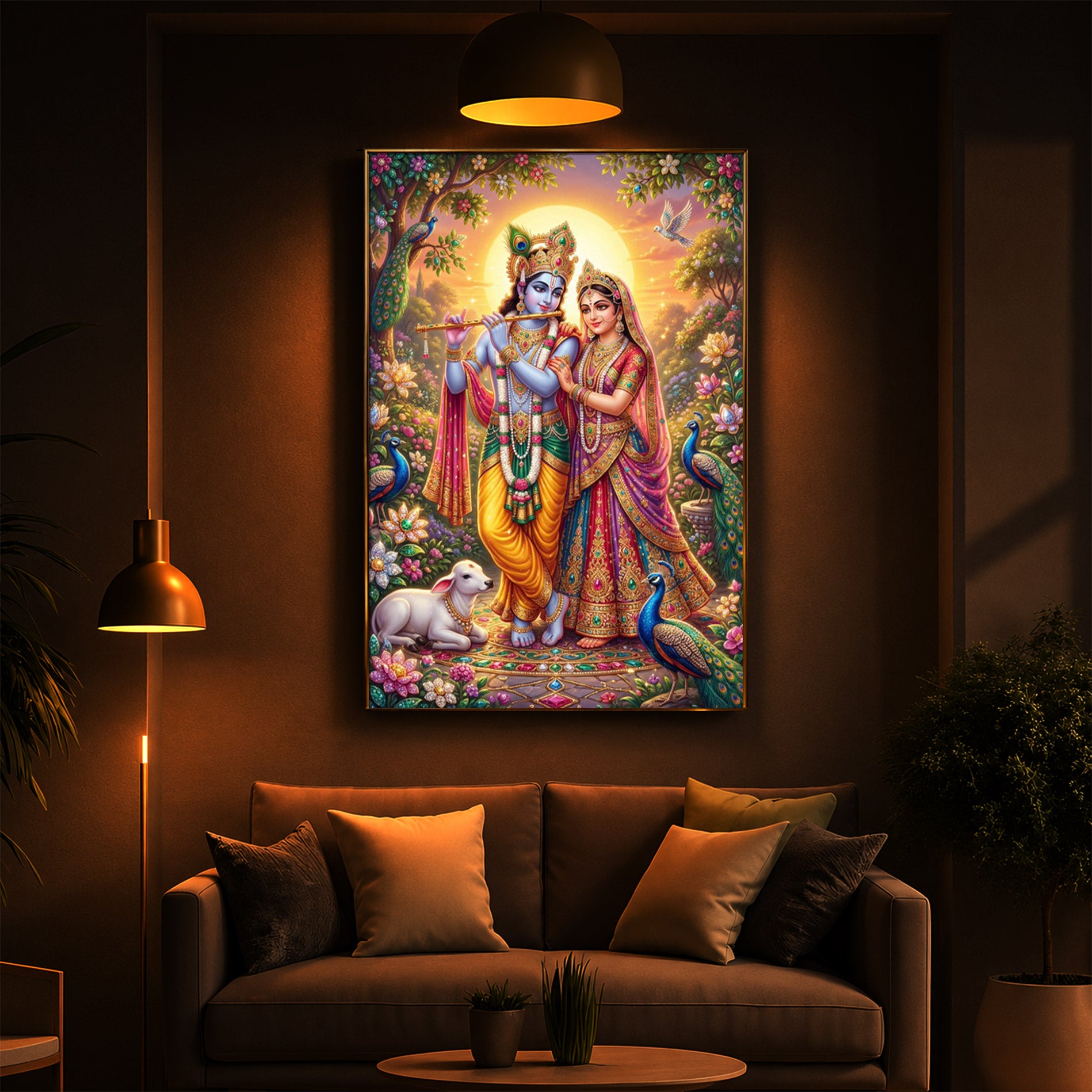 Radha Krishna Divine Harmony Modern Luxury Backlight Vertical Wall Art