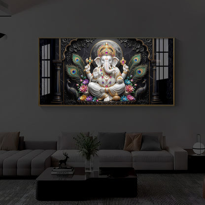 Lord Ganesha With Peacock Feather Modern Luxury Backlight Horizontal Wall Art
