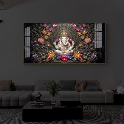 Lord Ganesha Blooming Lotuses Modern Luxury Backlight Horizontal Wall Art