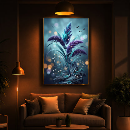 Mystical Purple Feather Plant Modern Luxury Backlight Vertical Wall Art