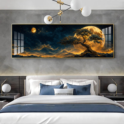 Golden Full Moon Bonsai Tree Premium Acrylic Horizontal Wall Art