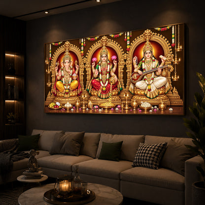 Lord Ganesha, Goddess Lakshmi, and Goddess Saraswati Modern Luxury Backlight Horizontal Wall Art
