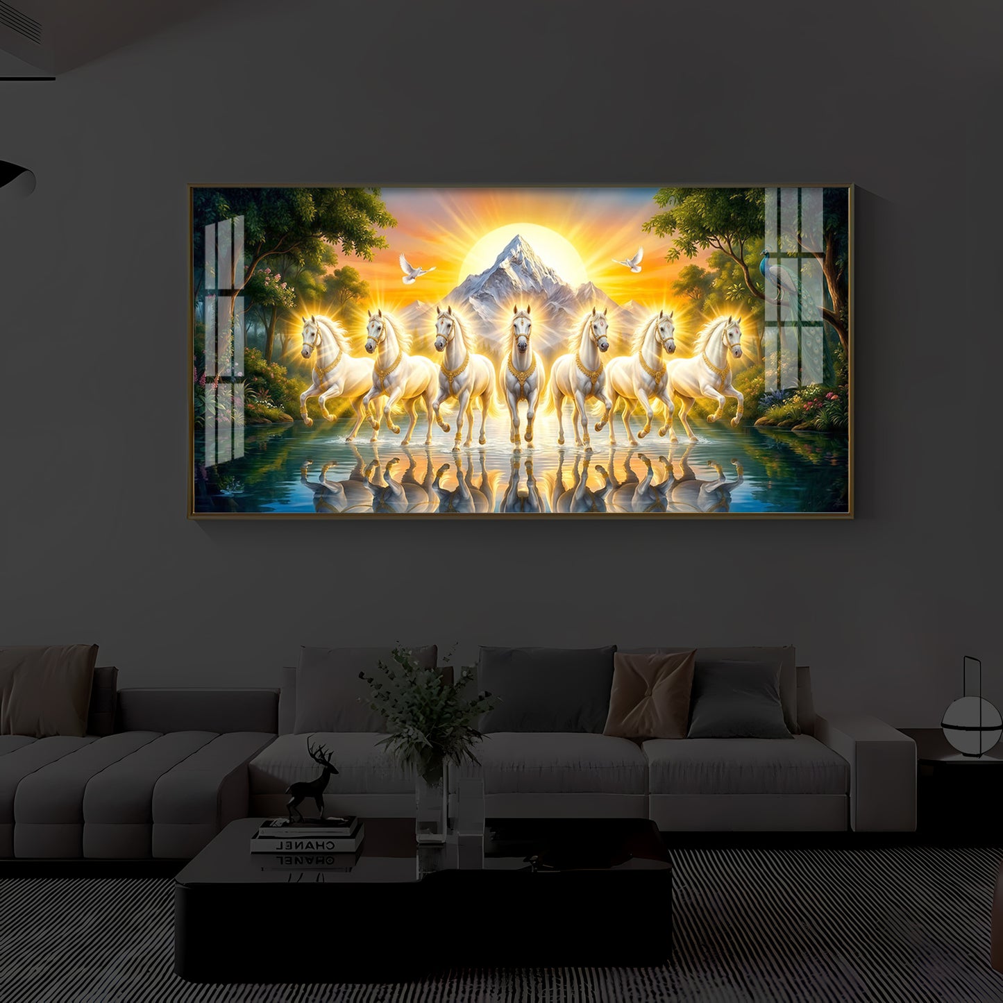 7 White Horses River Glloping Modern Luxury Backlight Horizontal Wall Art