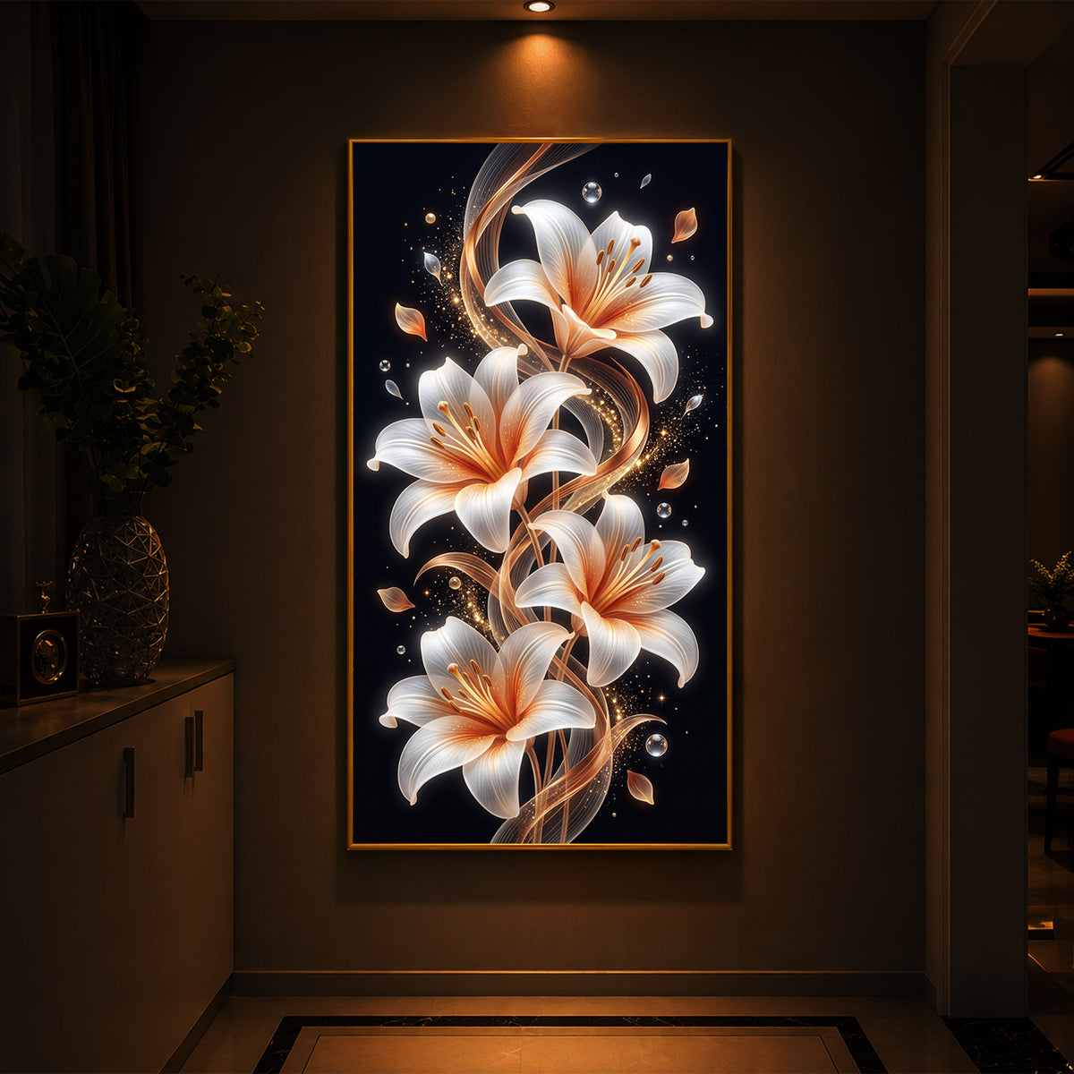 Glowing Golden Lily Modern Luxury Backlight Vertical Wall Art
