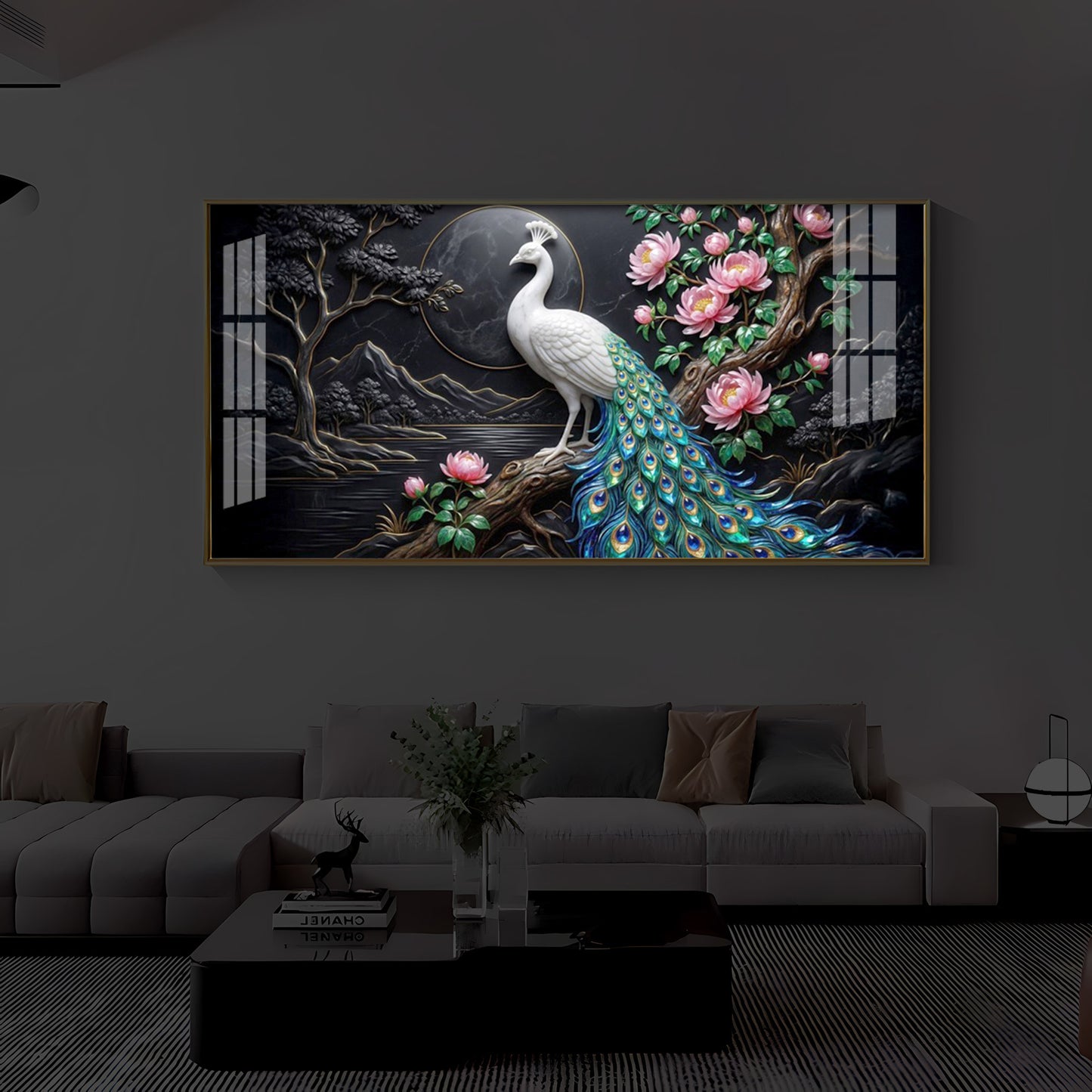 White Peacock With Flowers Modern Luxury Backlight Horizontal Wall Art