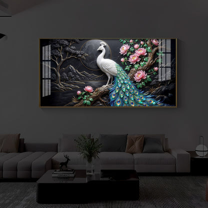 White Peacock With Flowers Modern Luxury Backlight Horizontal Wall Art
