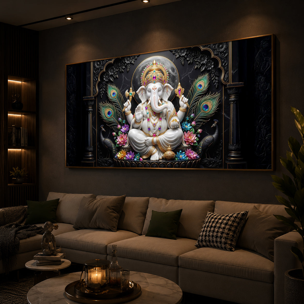 Lord Ganesha With Peacock Feather Modern Luxury Backlight Horizontal Wall Art