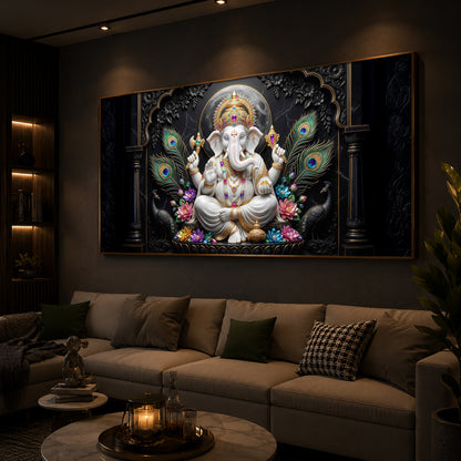 Lord Ganesha With Peacock Feather Modern Luxury Backlight Horizontal Wall Art