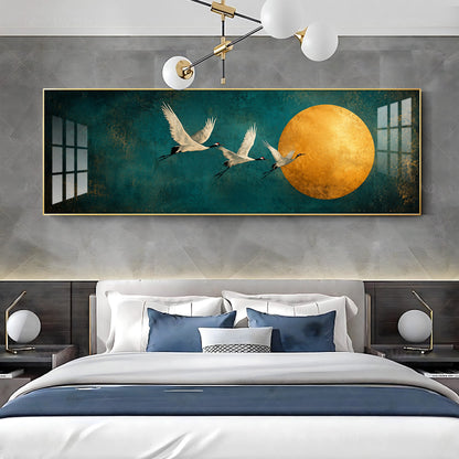 Three Cranes Golden Sun Teal Premium Acrylic Horizontal Wall Art