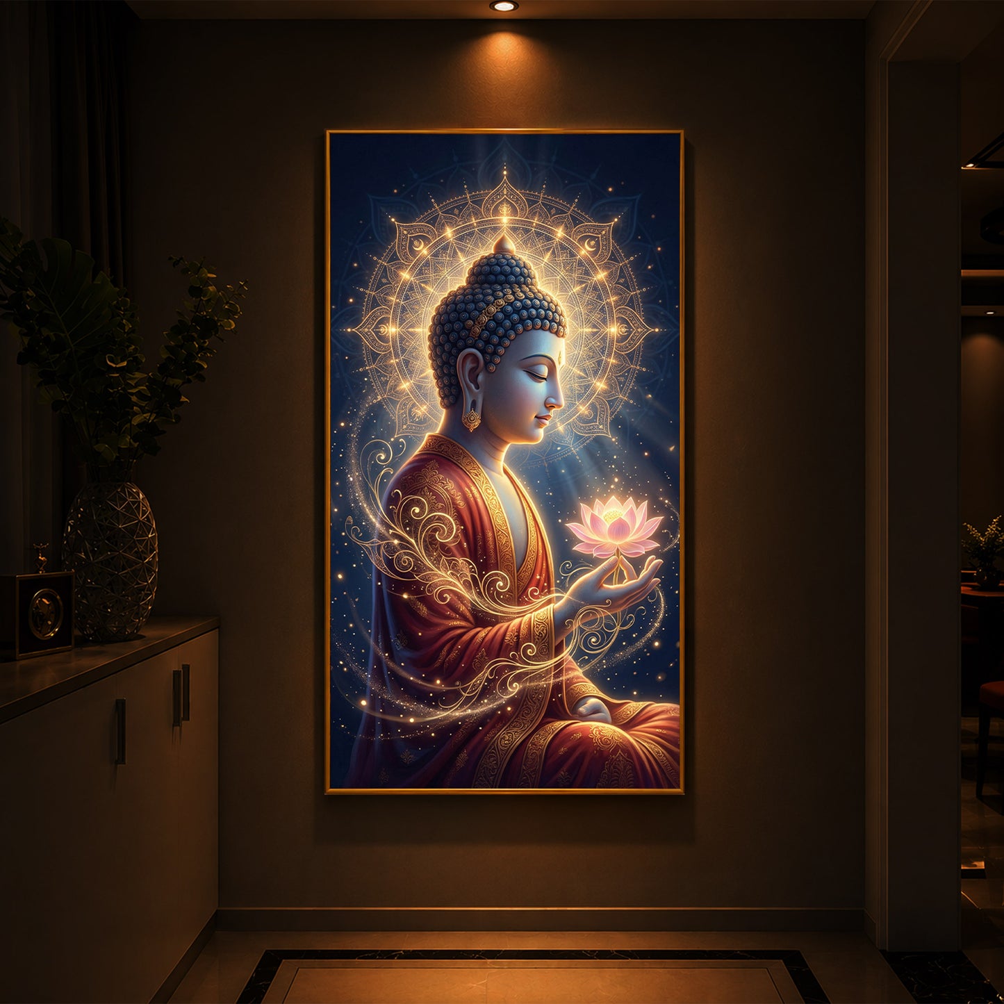 Depiction Of Buddha Modern Luxury Backlight Vertical Wall Art