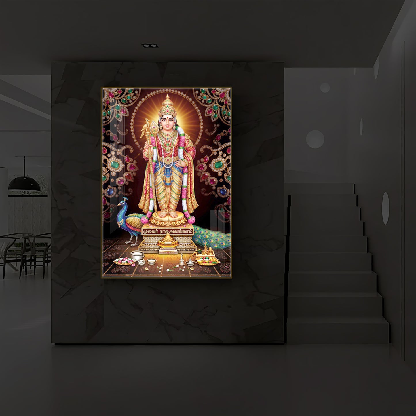 Lord Murugan With Peacock Modern Luxury Backlight Vertical Wall Art
