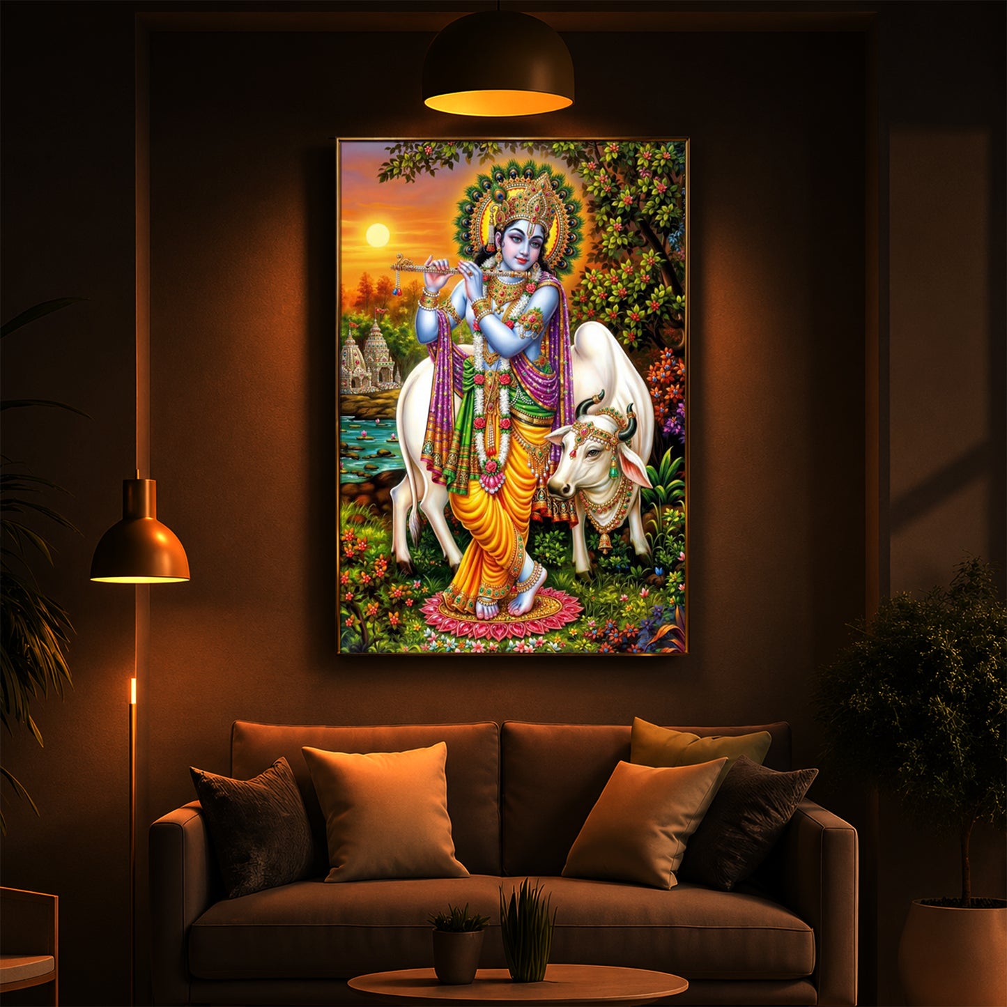 Lord Krishna Playing The Flute Modern Luxury Backlight Vertical Wall Art