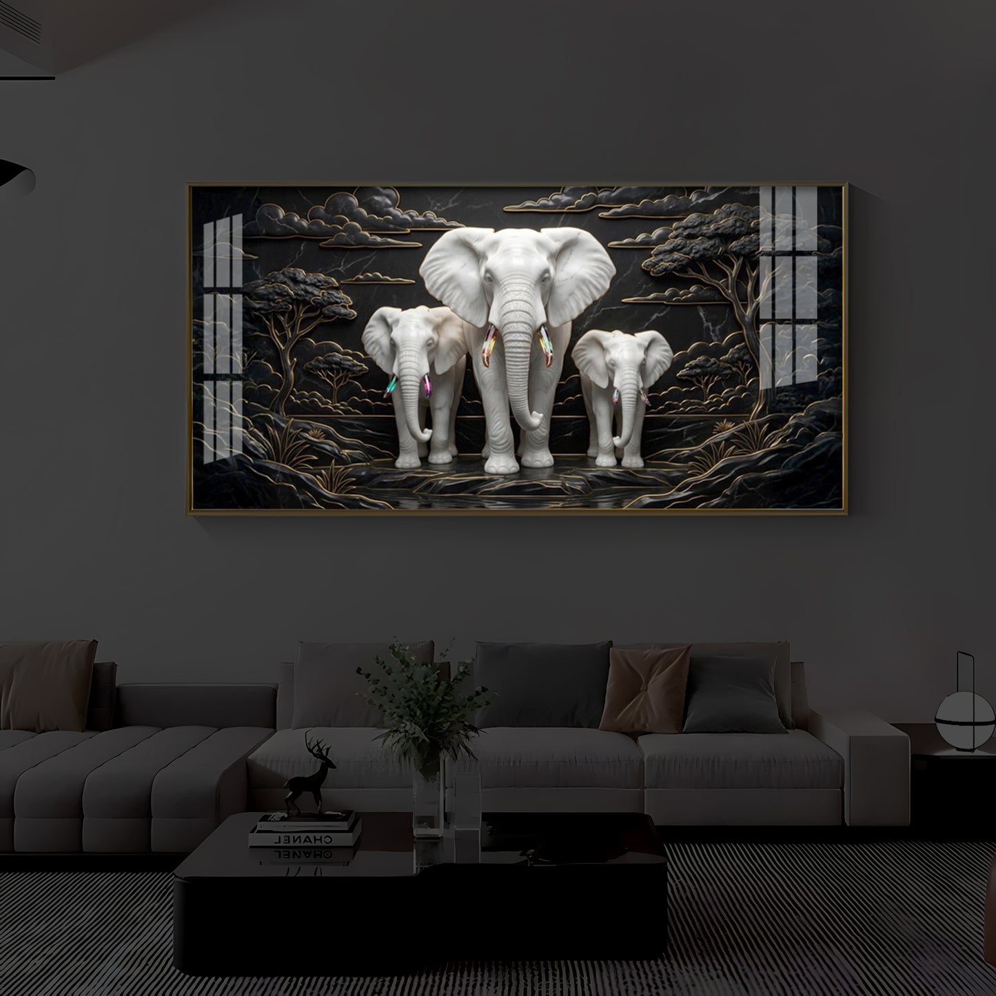 White Elephant Family Modern Luxury Backlight Horizontal Wall Art