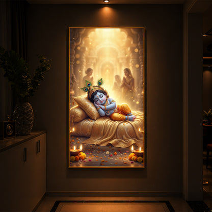 Sleeping Little Krishna Ji Modern Luxury Backlight Vertical Wall Art