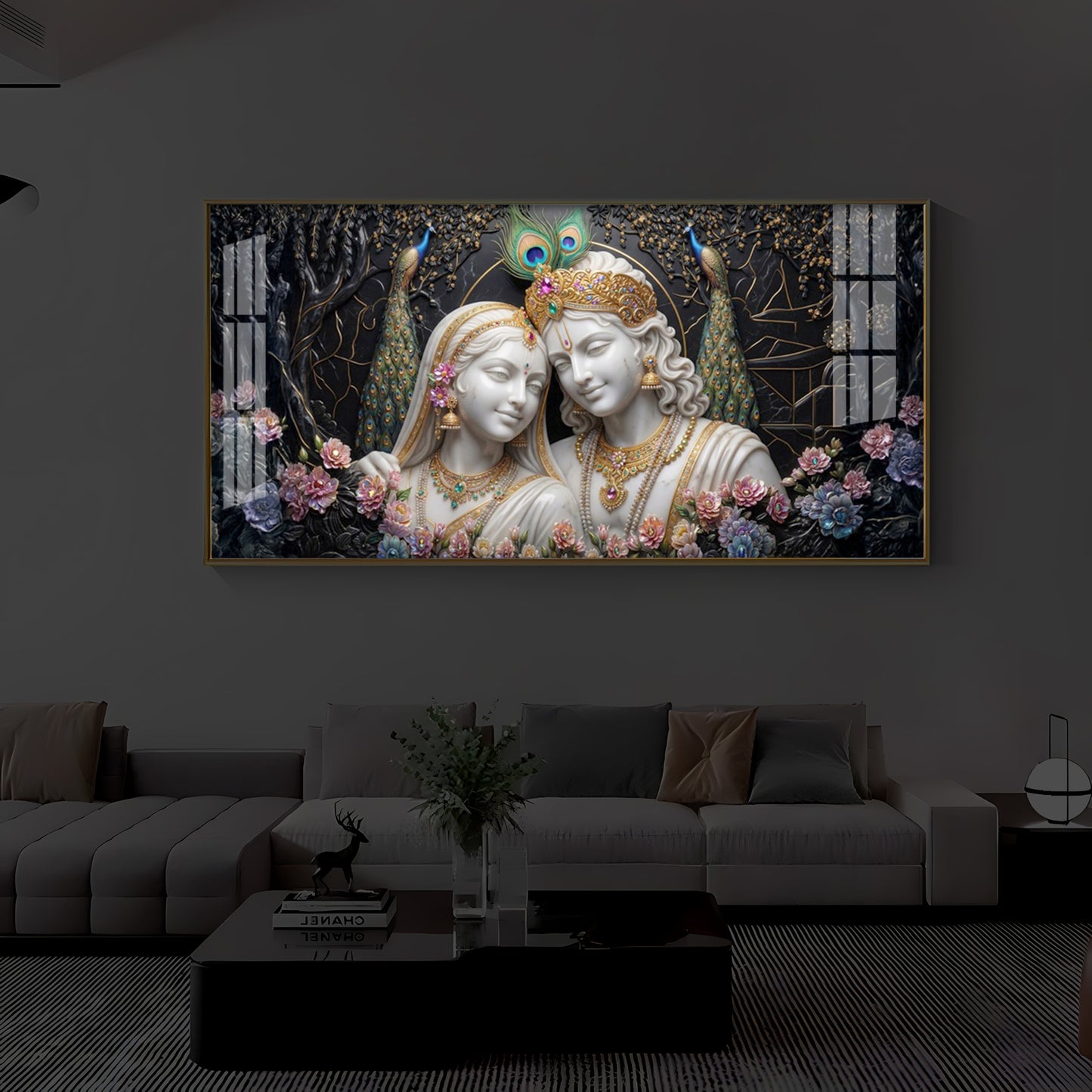 Beautiful Radha Krishna Modern Luxury Backlight Horizontal Wall Art