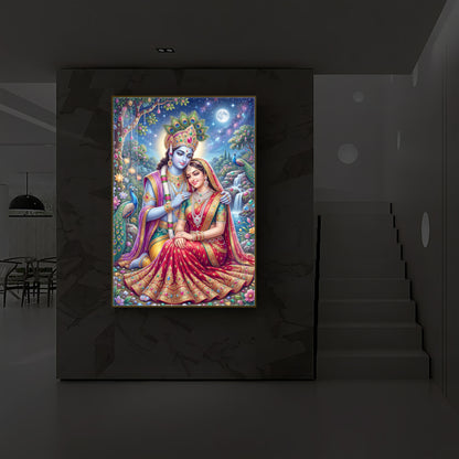 Divine Radha Krishna Serenity Modern Luxury Backlight Vertical Wall Art