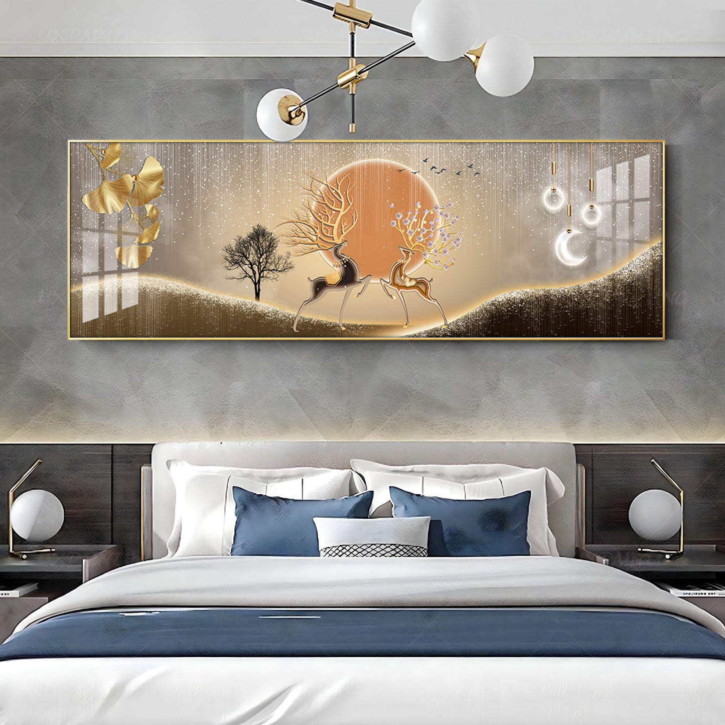 Pair Of Gold & Black Deer Premium Acrylic Horizontal Wall Art
