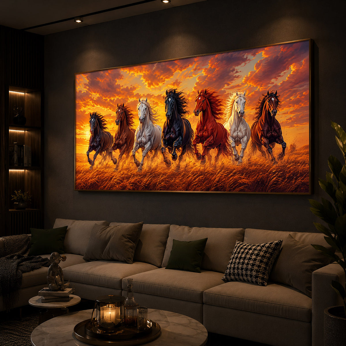 7 Running Horses With Sunset Modern Luxury Backlight Horizontal Wall Art