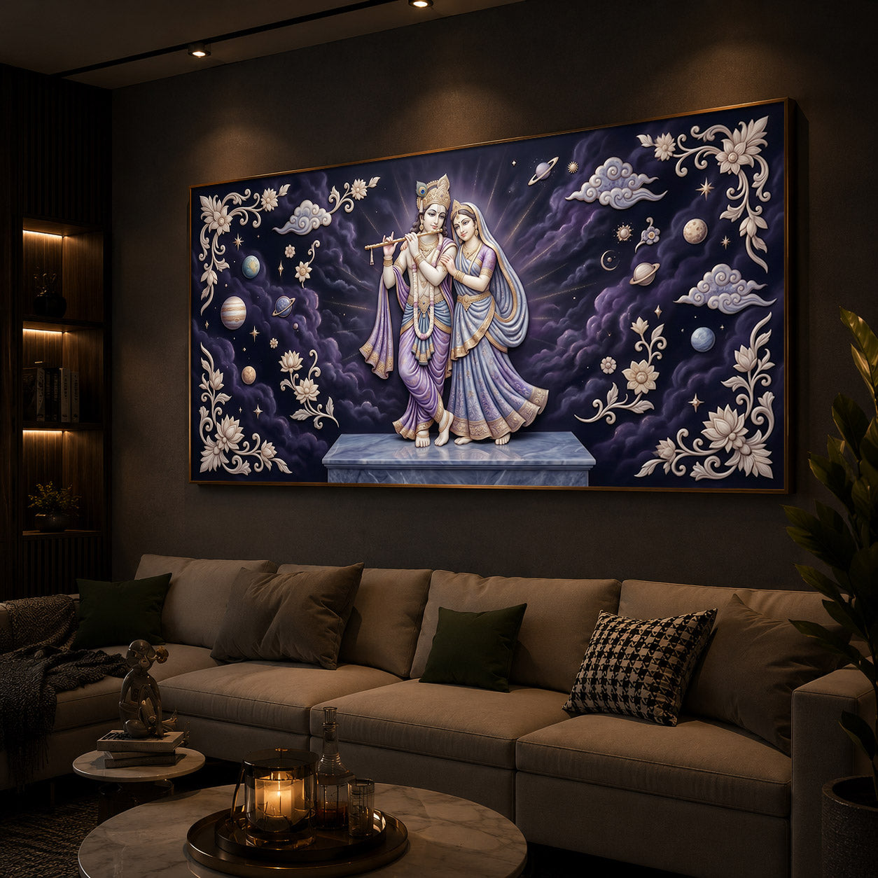 Radha Krishna With Purple Background Modern Luxury Backlight Horizontal Wall Art