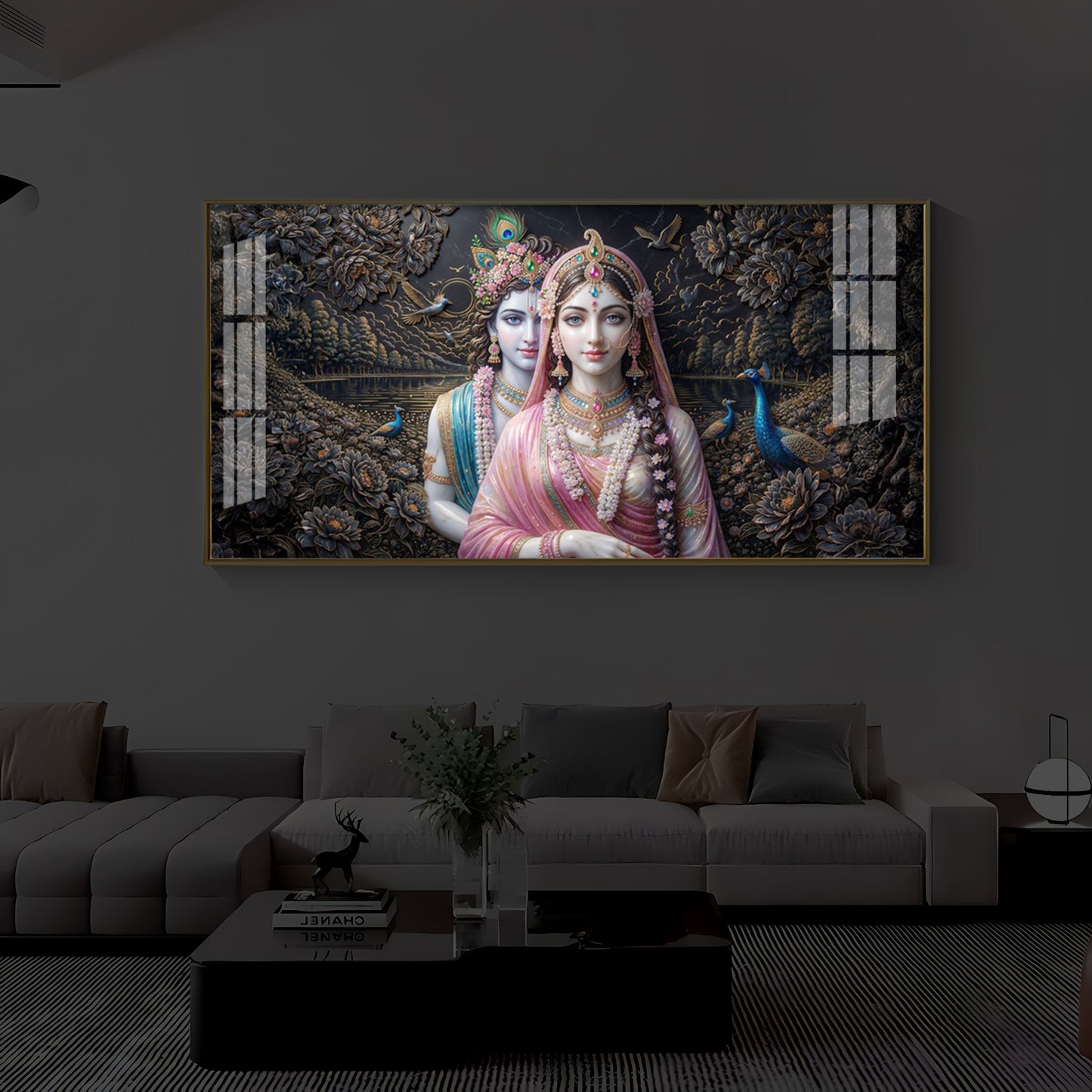 Blissful Radha Krishna Modern Luxury Backlight Horizontal Wall Art