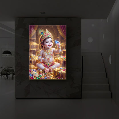 Little Lord Krishna Ji Modern Luxury Backlight Vertical Wall Art