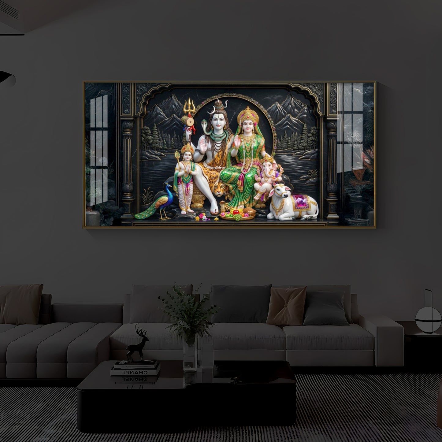 Lord Shiva With Family Modern Luxury Backlight Horizontal Wall Art