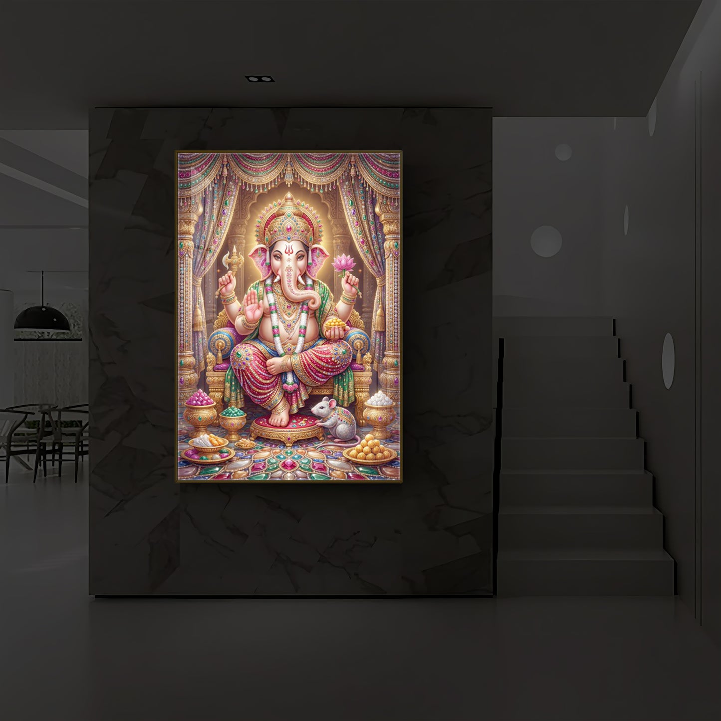 Shree Ganesh Darbar Modern Luxury Backlight Vertical Wall Art