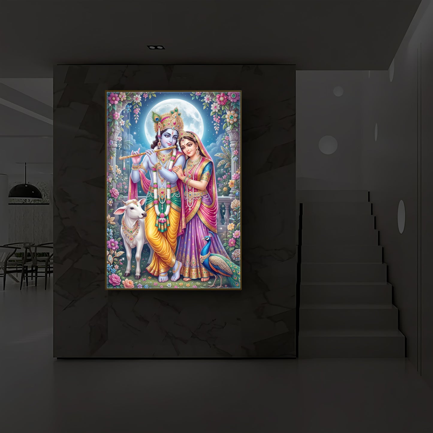 Moonlit Radha Krishna Leela Modern Luxury Backlight Vertical Wall Art