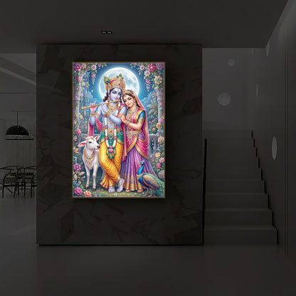 Moonlit Radha Krishna Leela Modern Luxury Backlight Vertical Wall Art