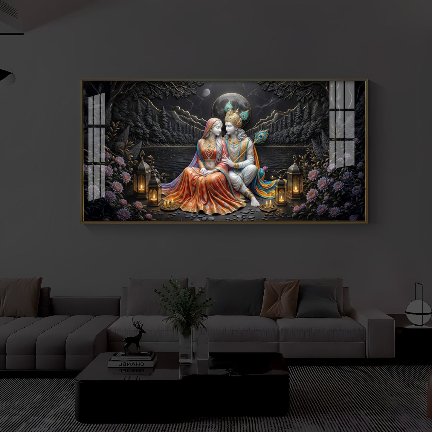 Hindu Deity Radha Krishna Modern Luxury Backlight Horizontal Wall Art