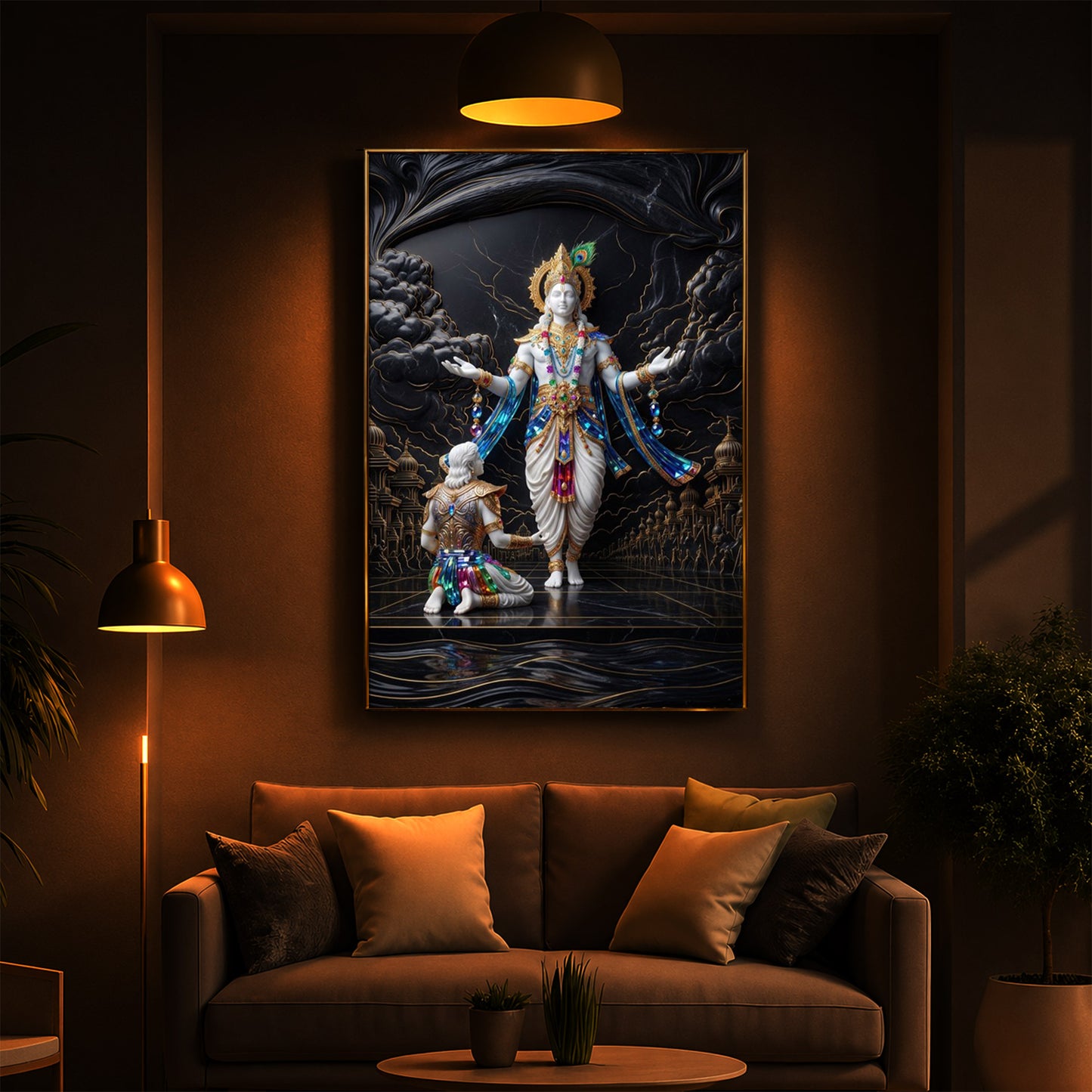 Lord Krishna With Arjuna Modern Luxury Backlight Vertical Wall Art
