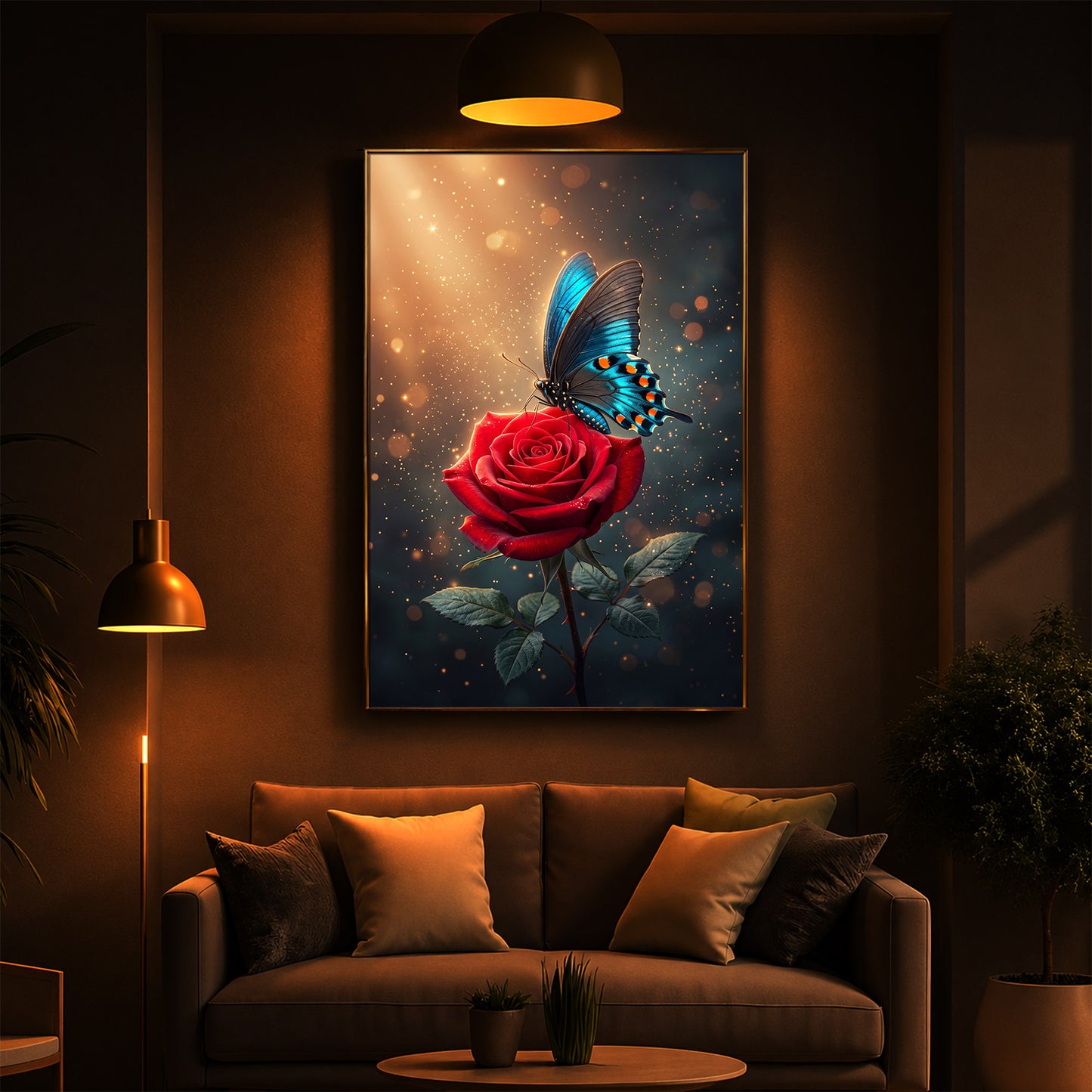 Enchanted Red Rose & Blue Butterfly Modern Luxury Backlight Vertical Wall Art