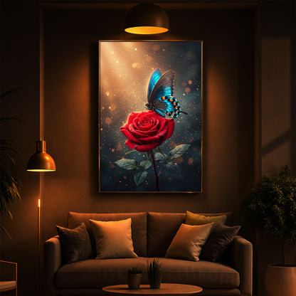Enchanted Red Rose & Blue Butterfly Modern Luxury Backlight Vertical Wall Art