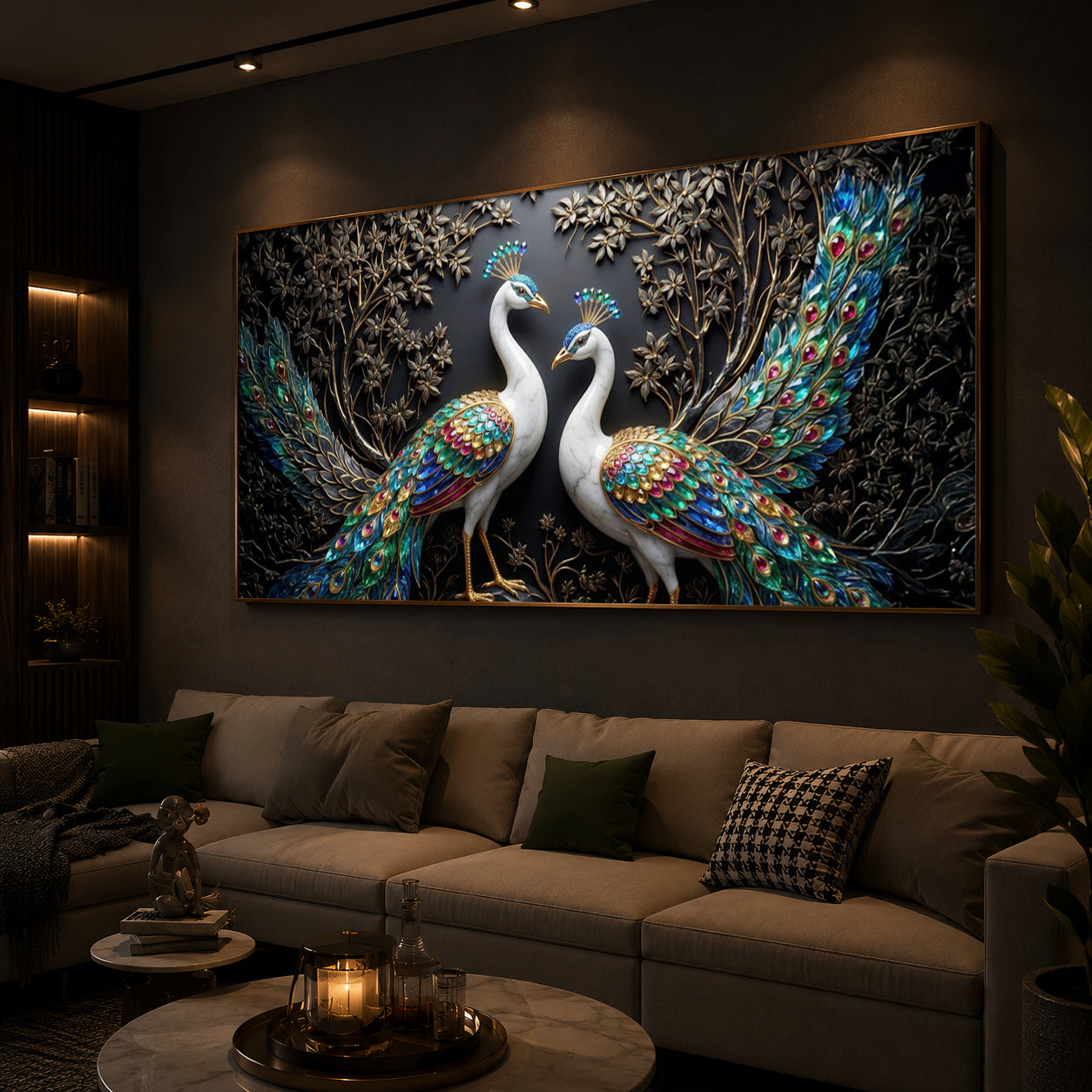 Serene Peacock Modern Luxury Backlight Horizontal Wall Art