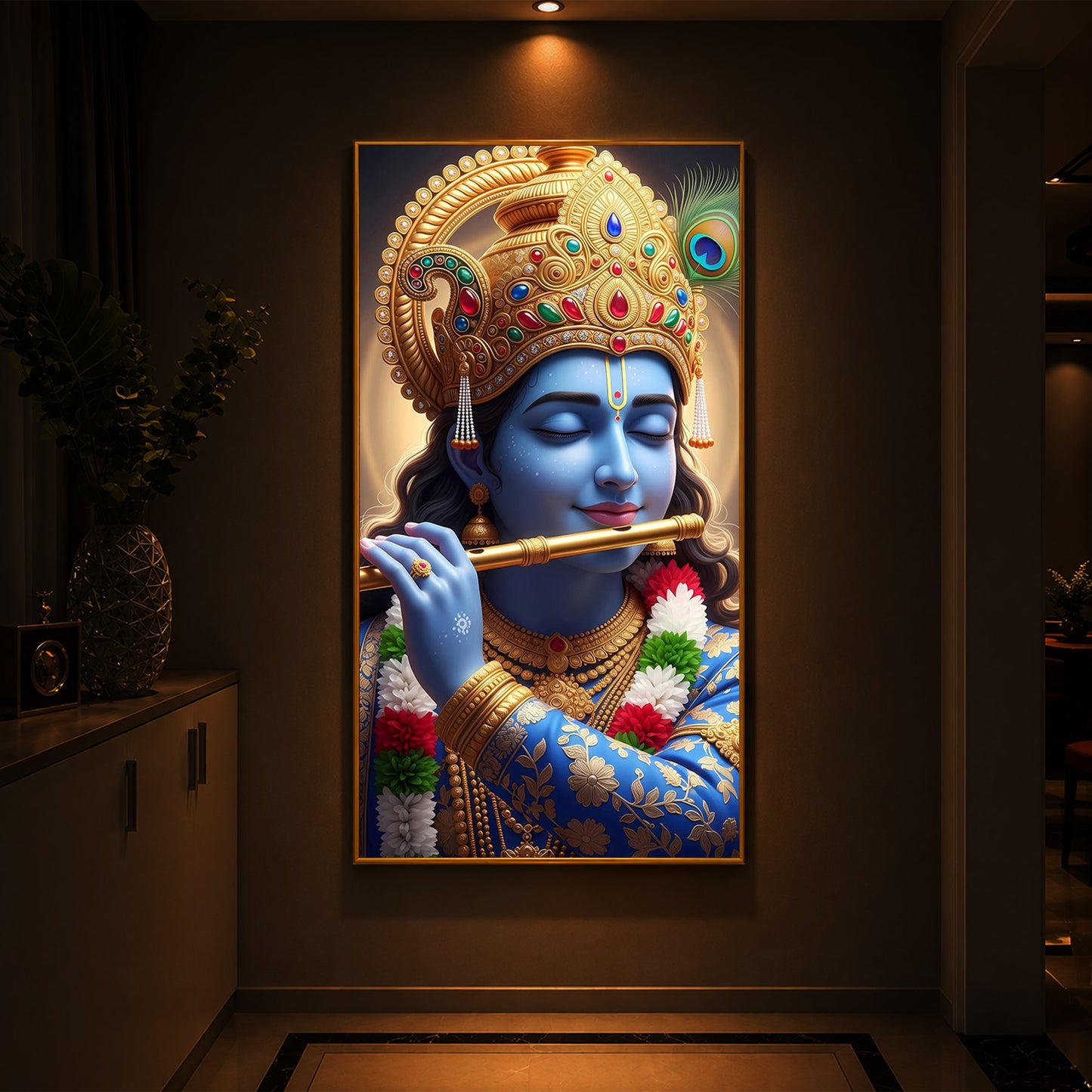 Lord Krishna Modern Luxury Backlight Vertical Wall Art