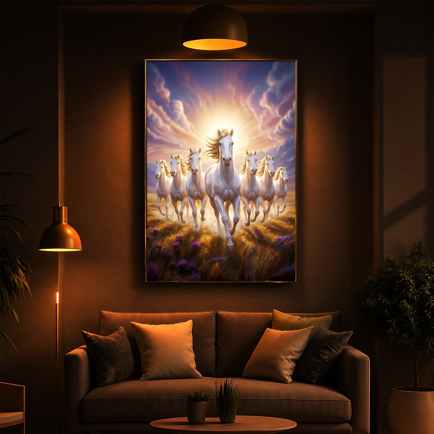 Seven Horses Running Together Modern Luxury Backlight Vertical Wall Art