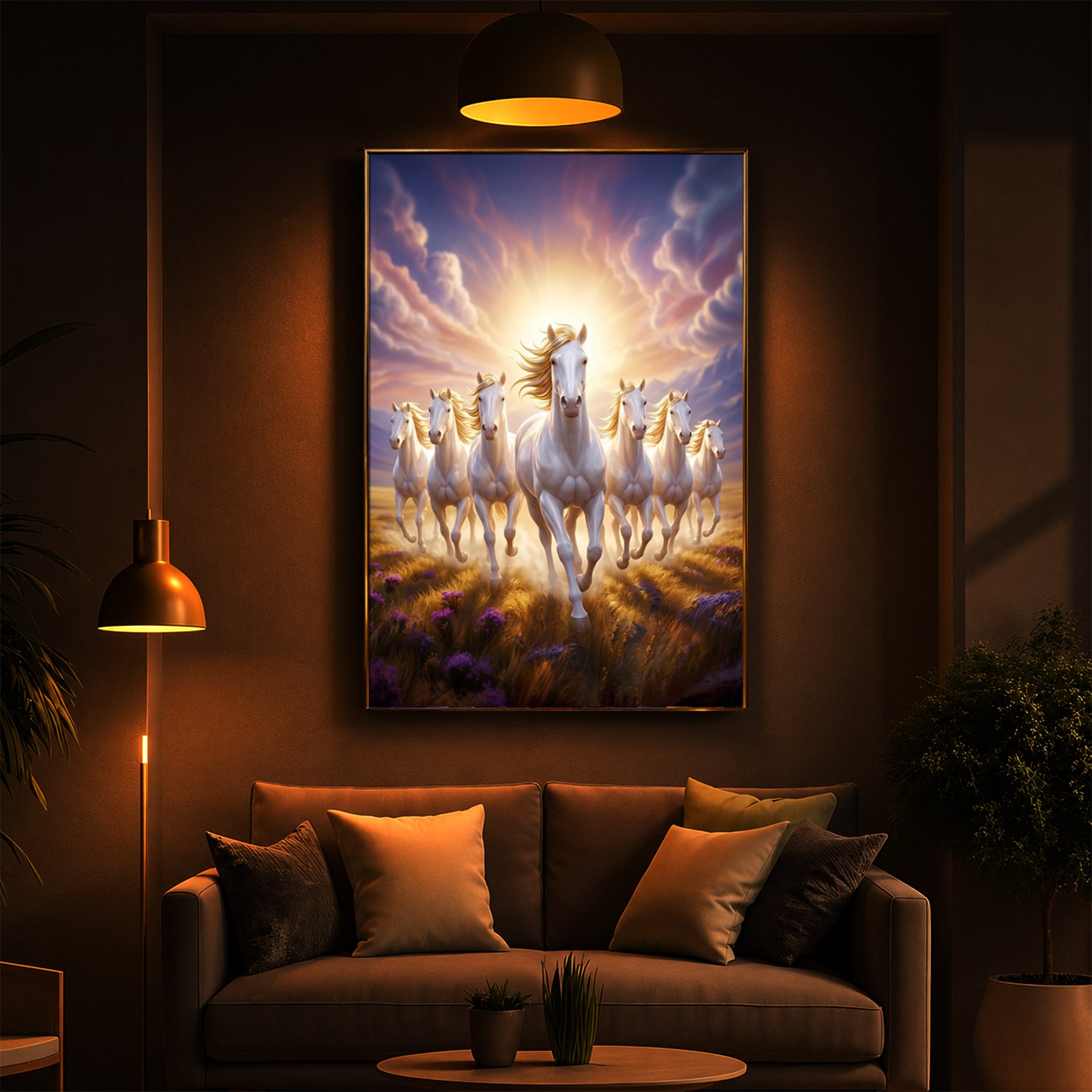 Seven Horses Running Together Modern Luxury Backlight Vertical Wall Art