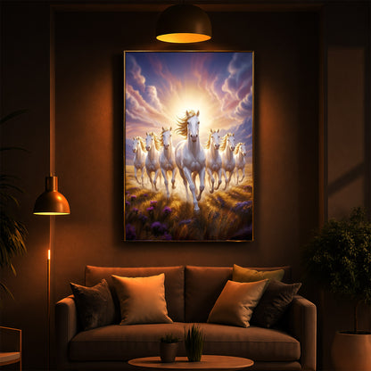 Seven Horses Running Together Modern Luxury Backlight Vertical Wall Art