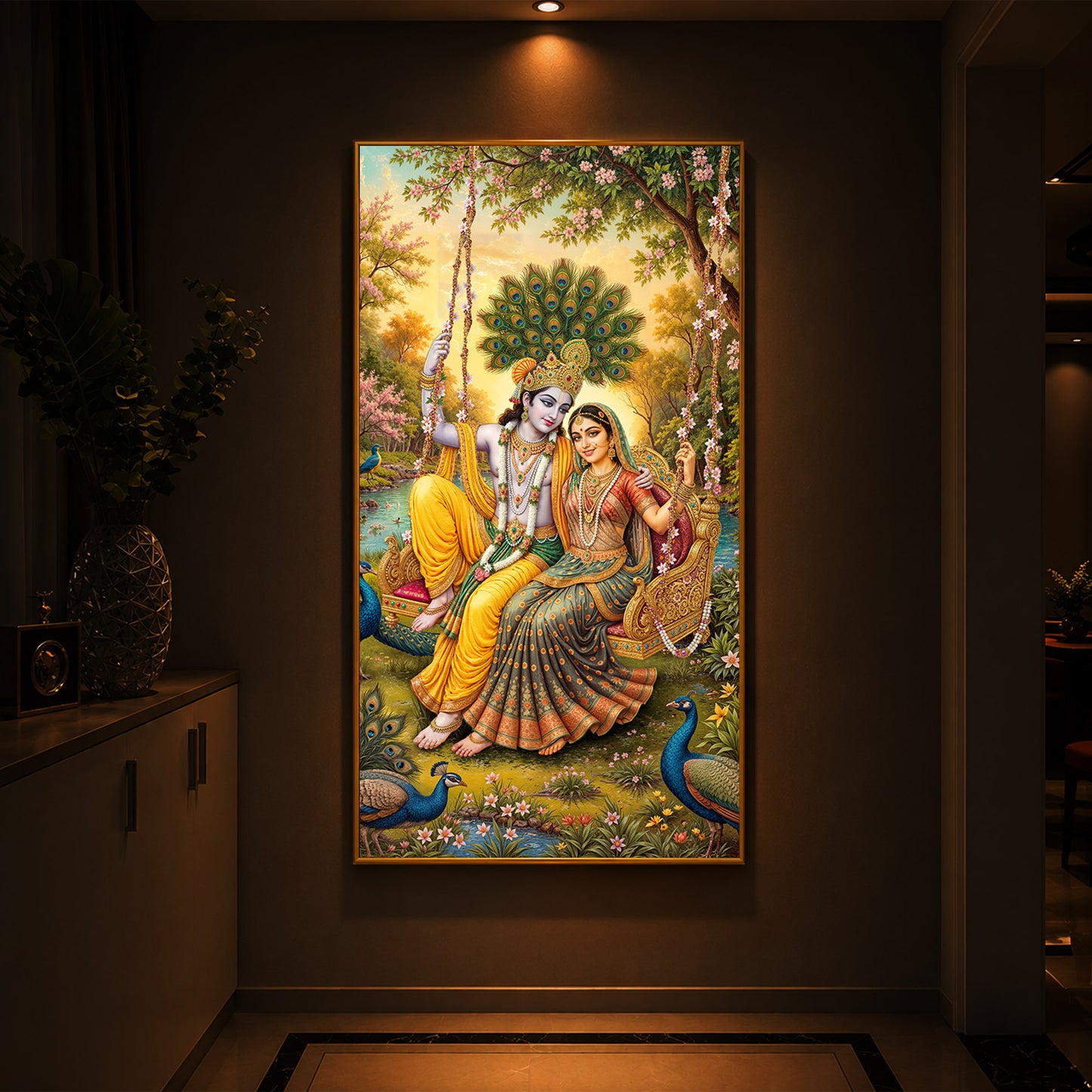 Jai Shri Radha Krishna Modern Luxury Backlight Vertical Wall Art