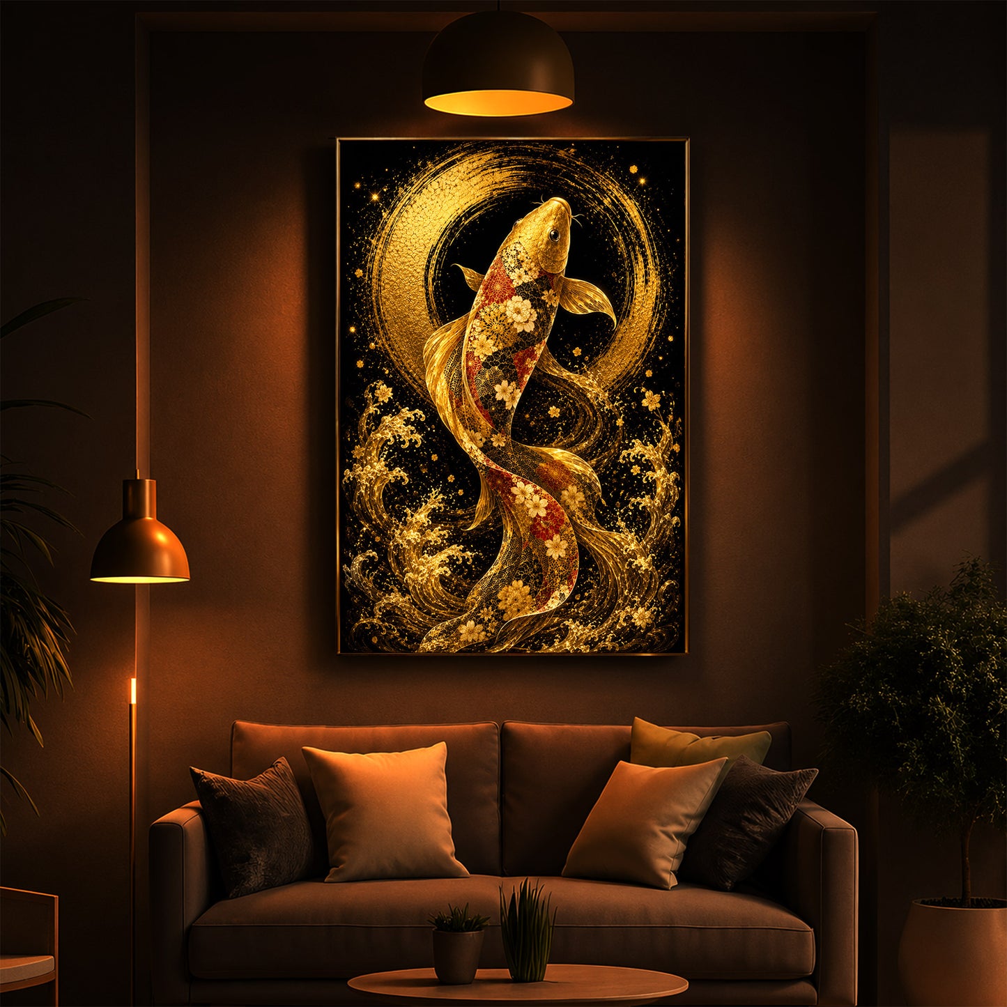 Golden Koi Fish Modern Luxury Backlight Vertical Wall Art