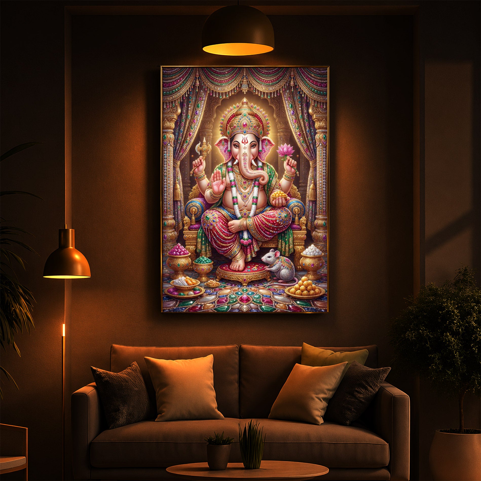 Shree Ganesh Darbar Modern Luxury Backlight Vertical Wall Art