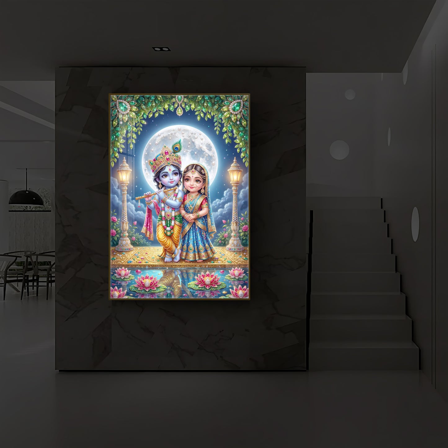 Little Radha Krishna Modern Luxury Backlight Vertical Wall Art