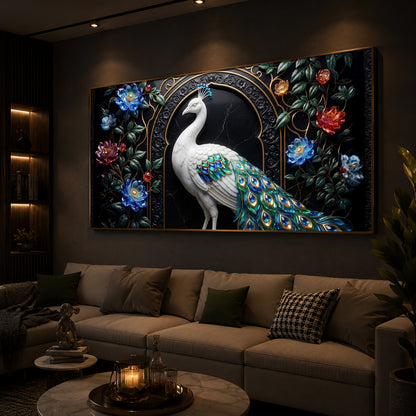 Majestic Peacock With Flower Modern Luxury Backlight Horizontal Wall Art