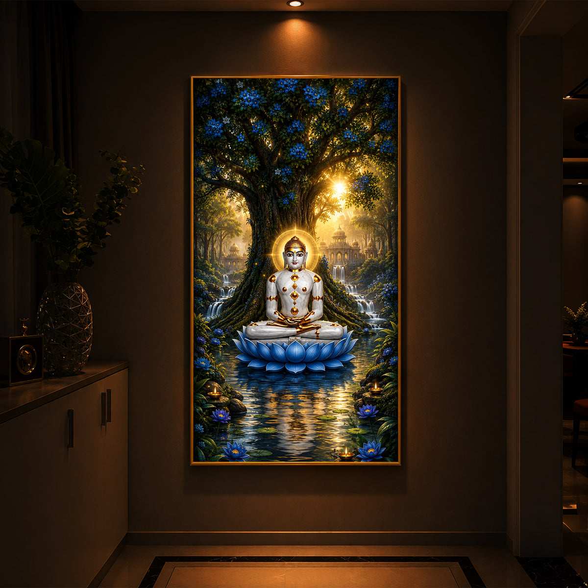Divine Bhagwan Mahavir On Blue Lotus Modern Luxury Backlight Vertical Wall Art