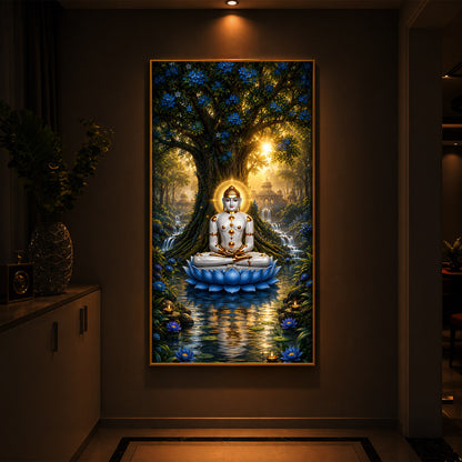 Divine Bhagwan Mahavir On Blue Lotus Modern Luxury Backlight Vertical Wall Art