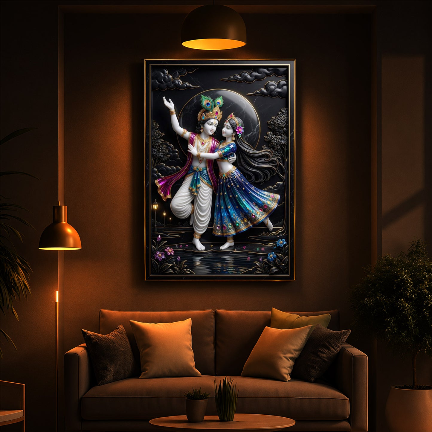 Radha Krishna Dancing Together Modern Luxury Backlight Vertical Wall Art