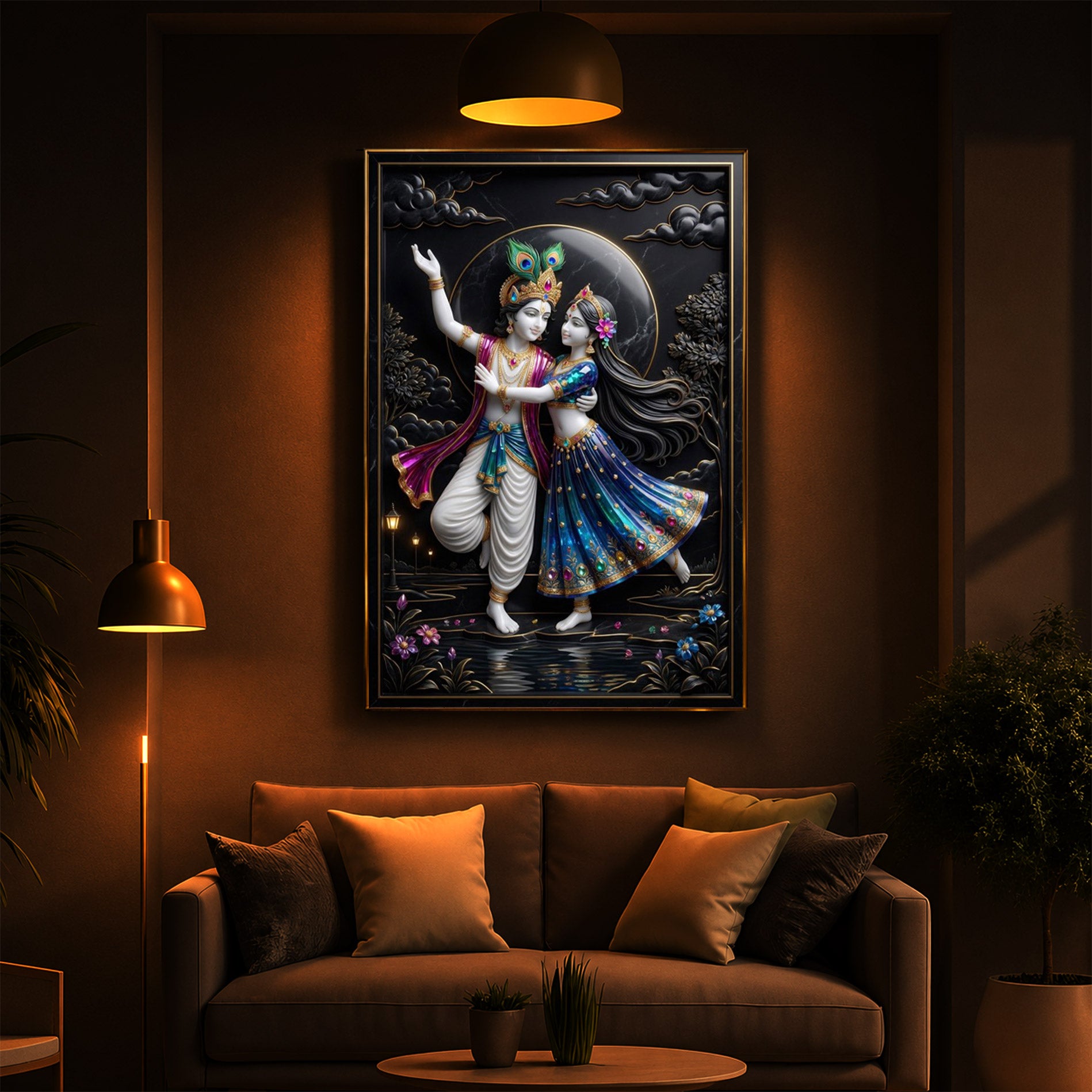 Radha Krishna Dancing Together Modern Luxury Backlight Vertical Wall Art