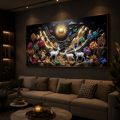 White Deer With Sun Modern Luxury Backlight Horizontal Wall Art