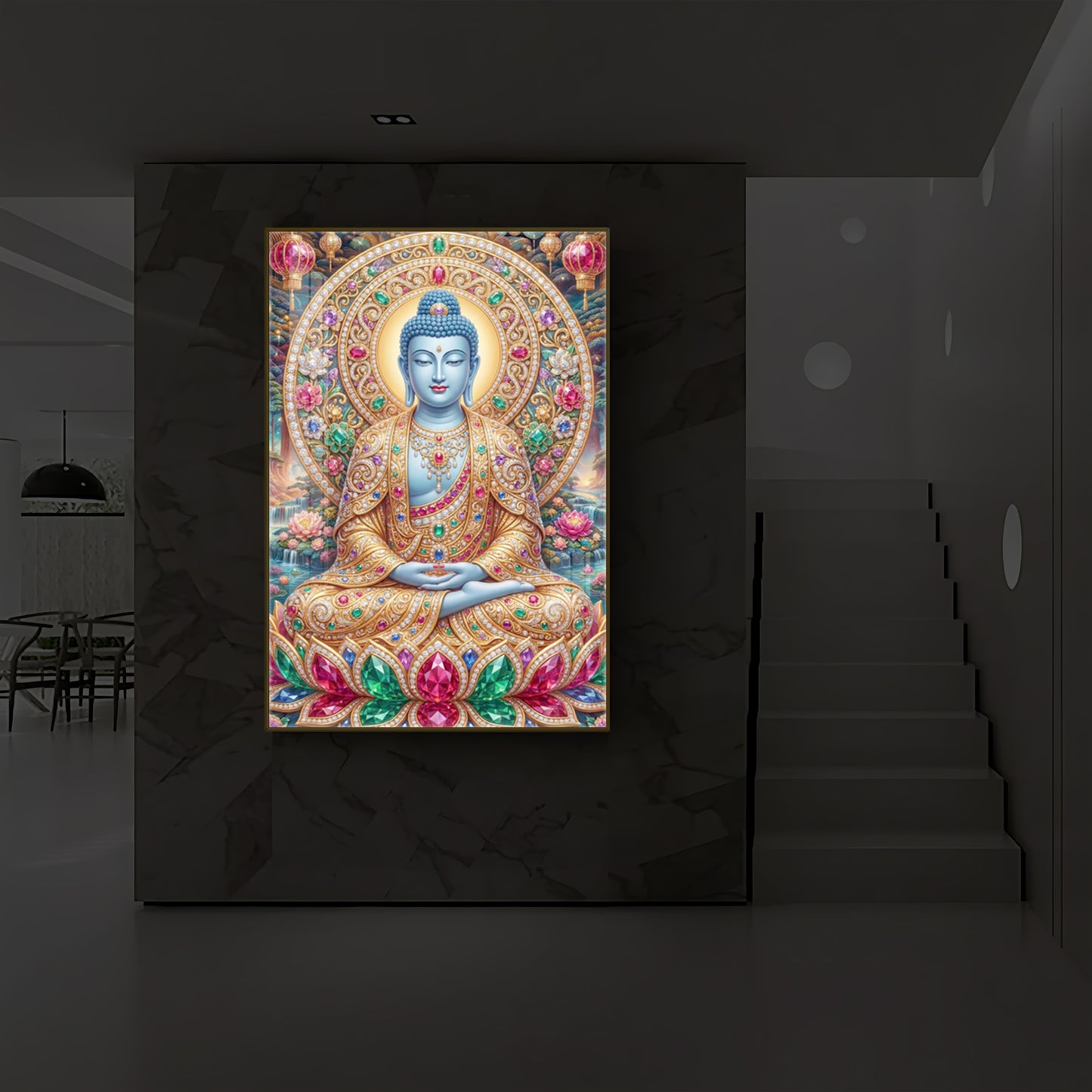 Buddha Blessing Modern Luxury Backlight Vertical Wall Art